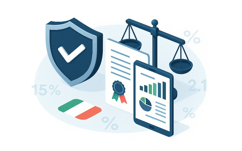 Illustrazione isometrica della normativa ADM italiana per le scommesse con scudo di conformità, documenti ufficiali e bilancia della giustizia