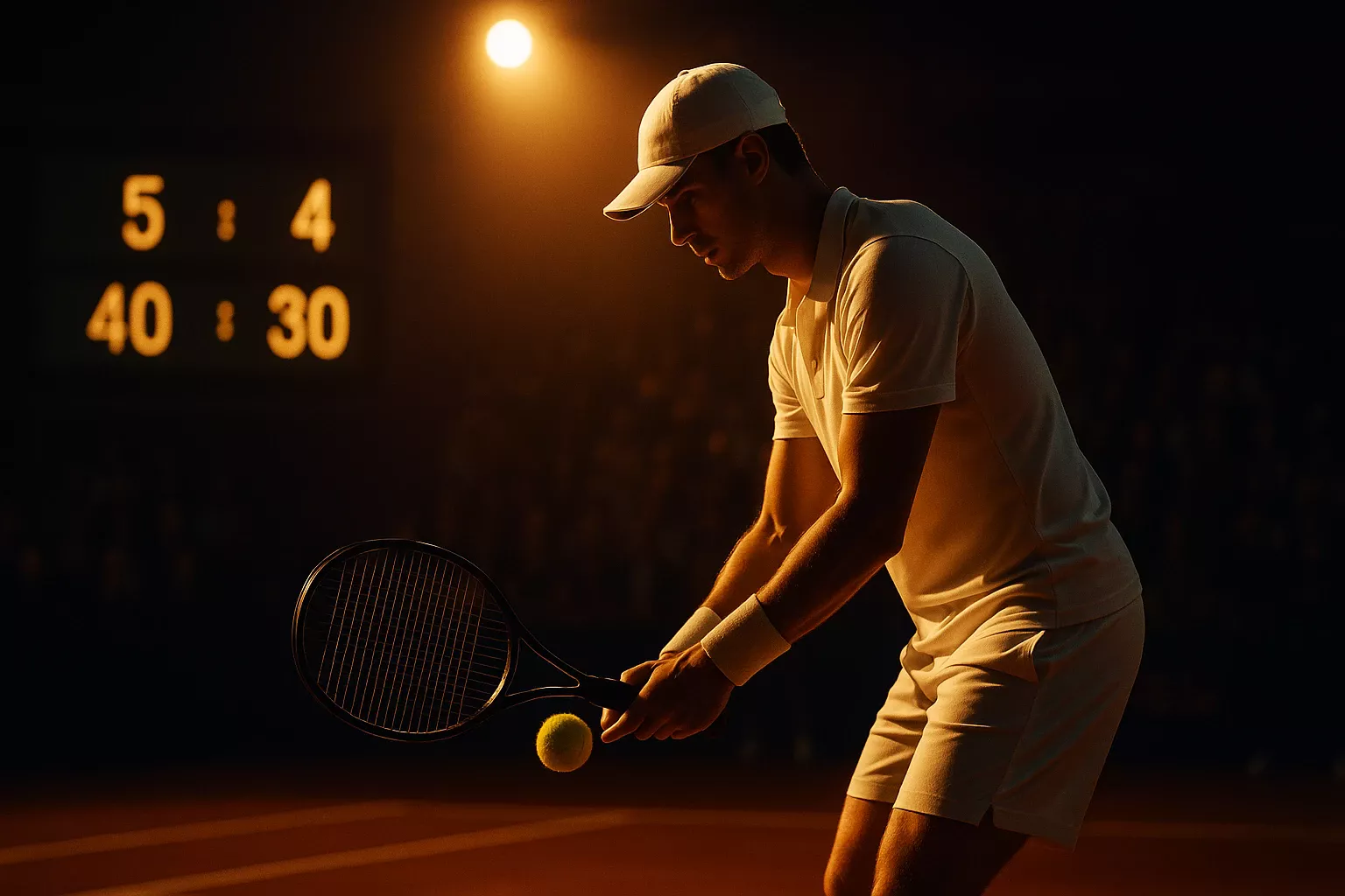 Momento cruciale del break point durante una partita di tennis con tabellone che mostra il punteggio decisivo