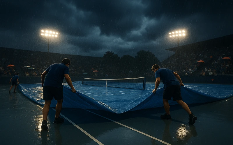 Campo da tennis coperto con telone protettivo durante interruzione per pioggia, nuvole scure e personale di terra al lavoro
