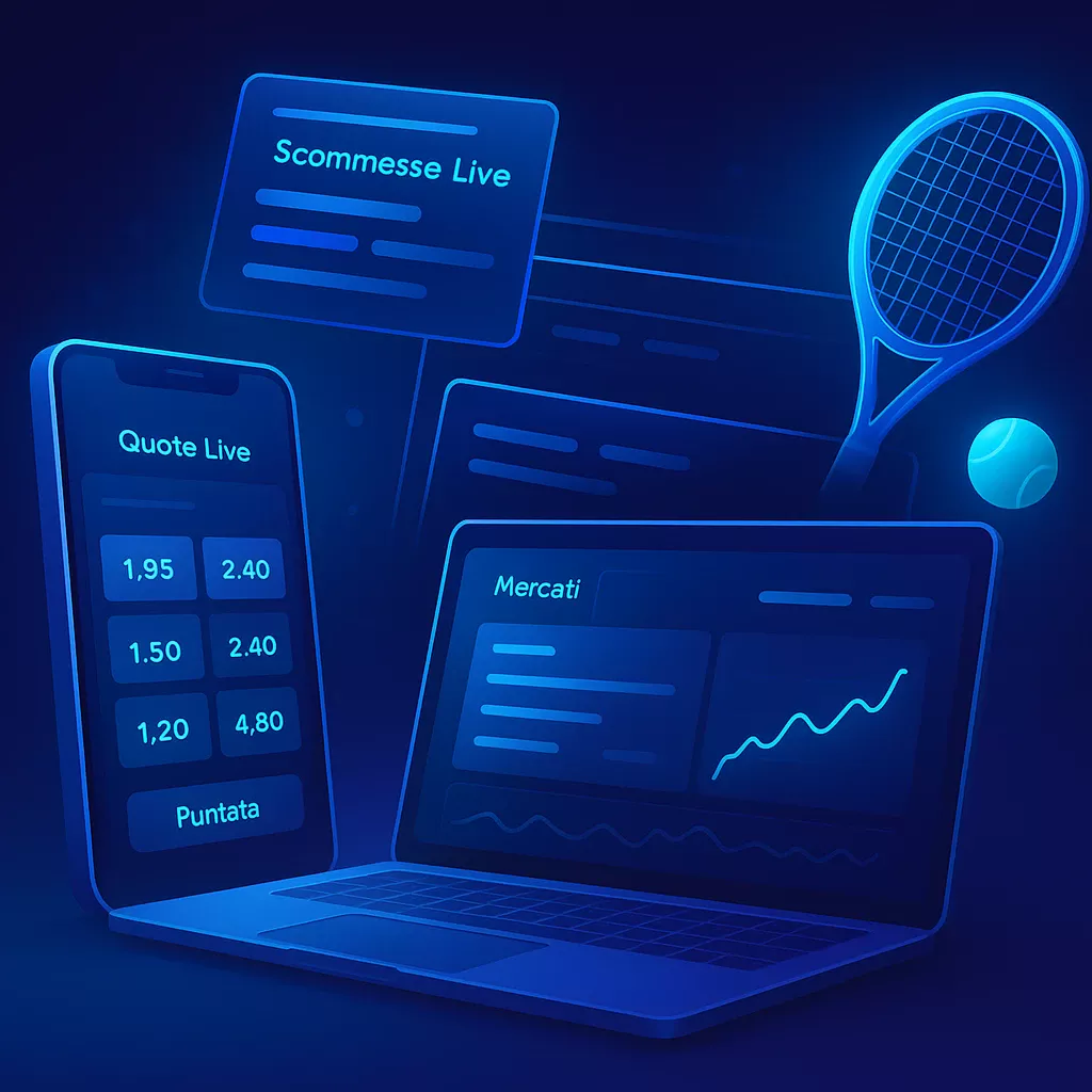 Dashboard futuristico con mercati di scommesse live sul tennis e grafici statistici in tempo reale