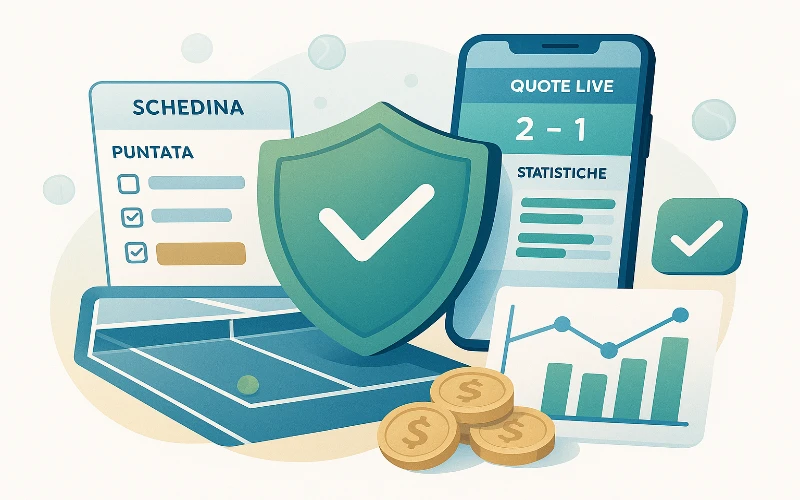 Illustrazione concettuale di strategie per proteggere le scommesse sul tennis con scudo protettivo, smartphone con statistiche live e grafici analitici