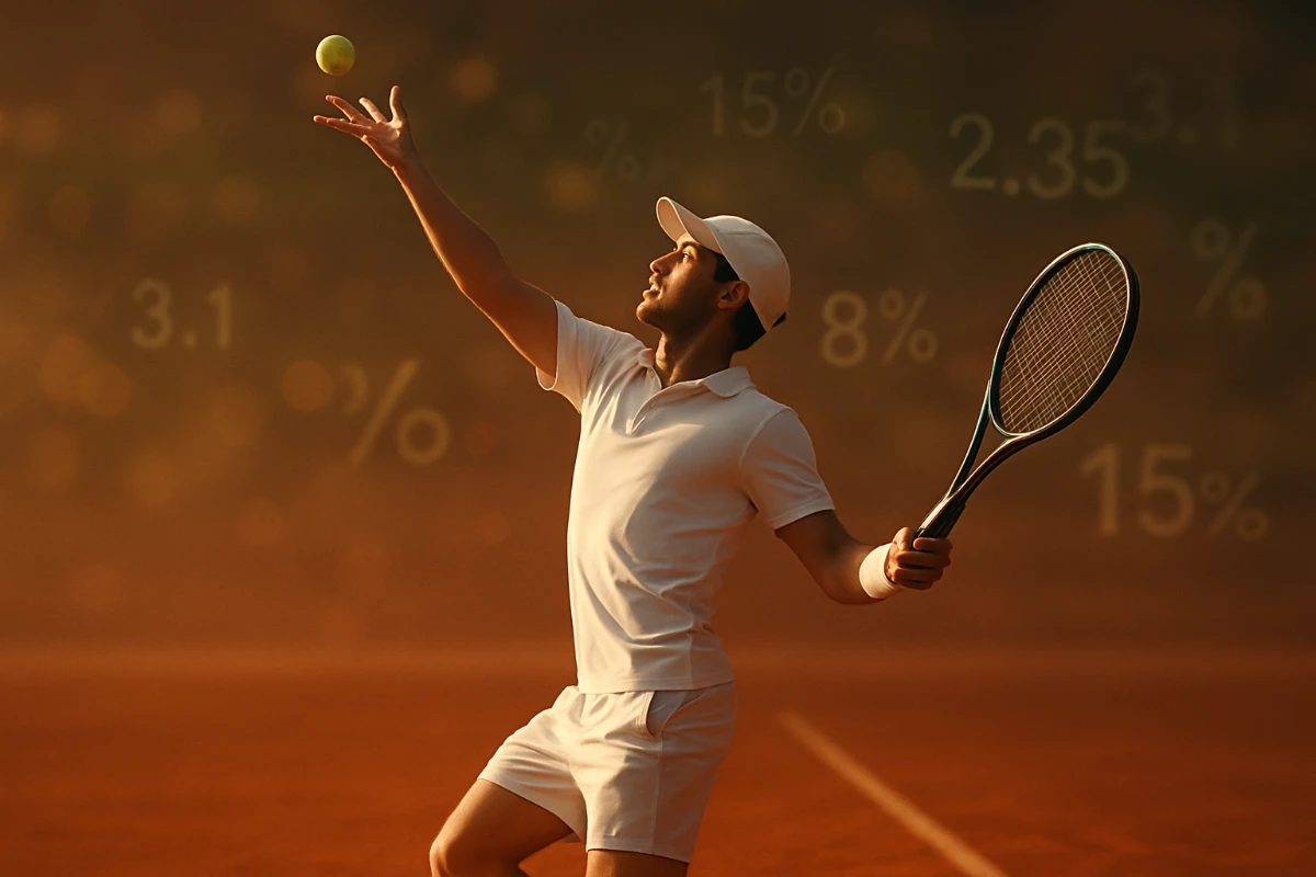 Tennista professionista durante il servizio su campo in terra battuta con elementi grafici di quote scommesse sullo sfondo