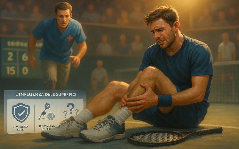 Tennista seduto sul campo con infortunio al ginocchio mentre lo staff medico si avvicina, racchetta a terra e tabellone segnapunti sullo sfondo