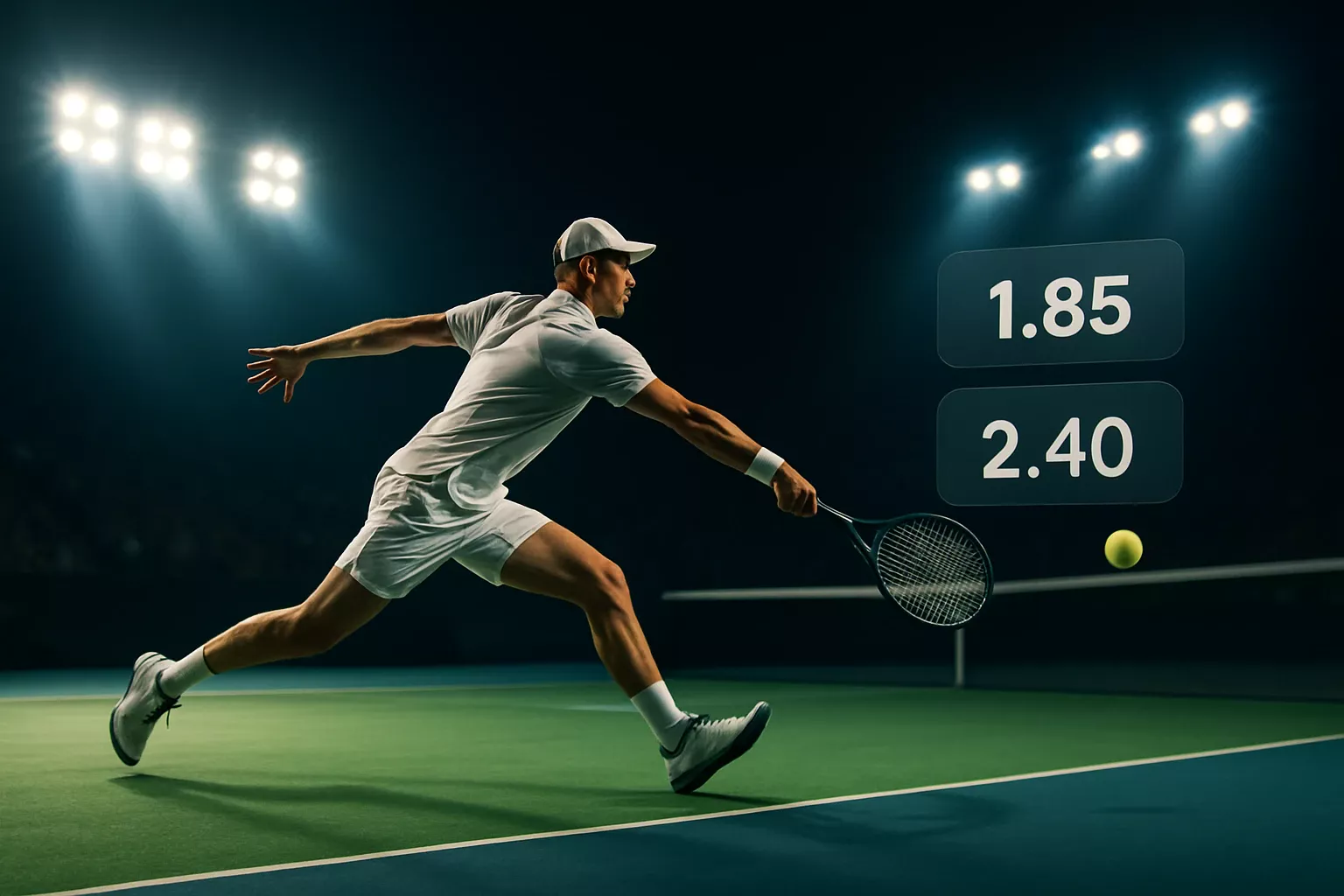 Tennista professionista in azione durante una partita live con quote di scommesse in sovraimpressione