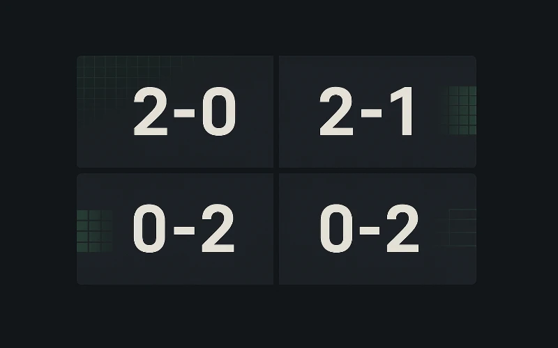 Griglia dei risultati set betting con opzioni 2-0, 2-1, 0-2, 1-2 e probabilità