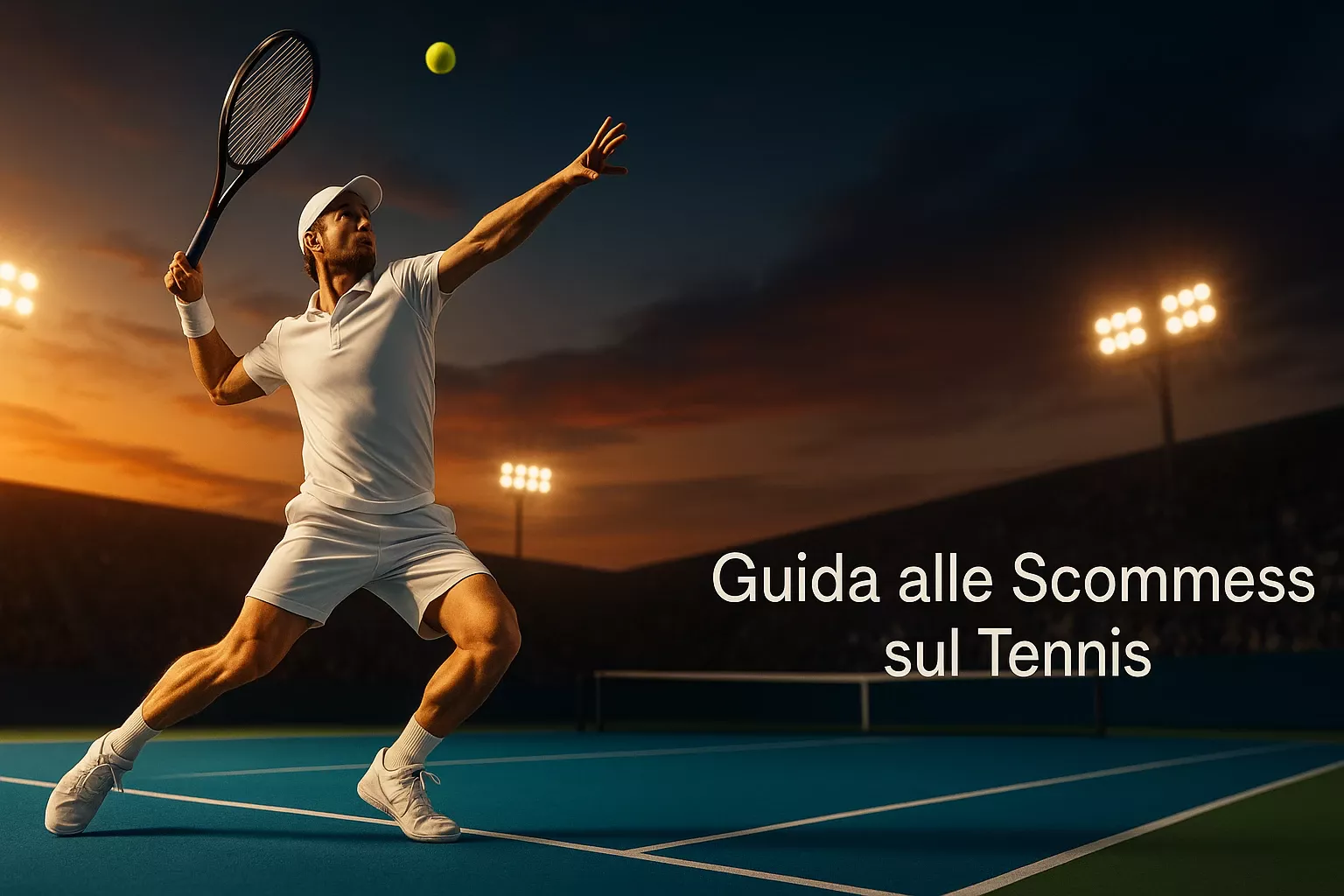 Giocatore di tennis professionista in azione durante un servizio su campo duro