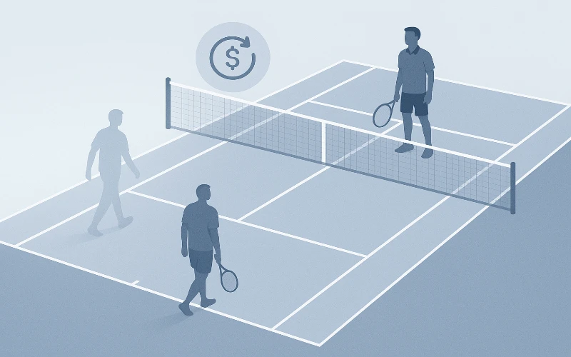 Illustrazione concettuale di walkover nel tennis con campo vuoto, sagoma di giocatore che si allontana e simbolo di rimborso